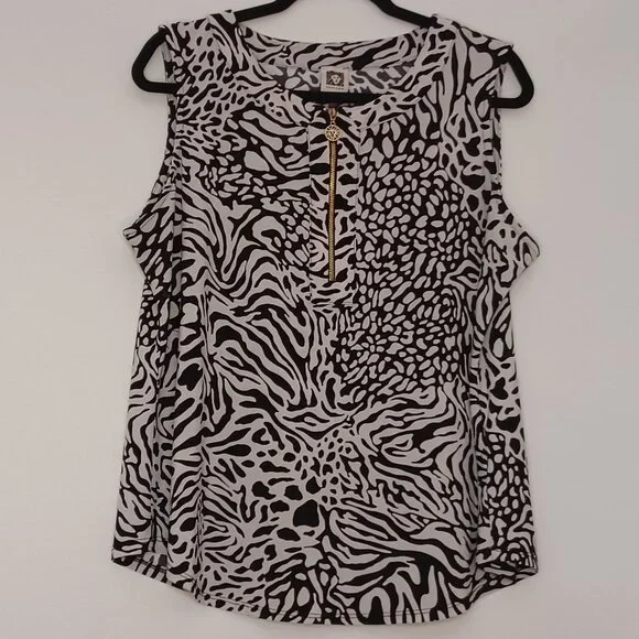 Women's Anne Klein Zebra Print 1/4 Zipper Sleeveless Blouse Size Large - Picture 1 of 7
